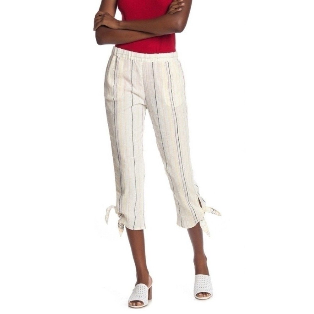 Michael Stars Crop Pants Ankle Tie Stripe Jogger White Purple Yellow Medium